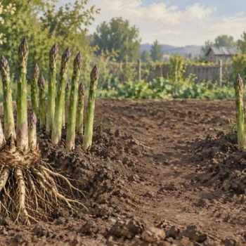 Asparagus shoots growing in close groups separated by a broad patch of bare soil
