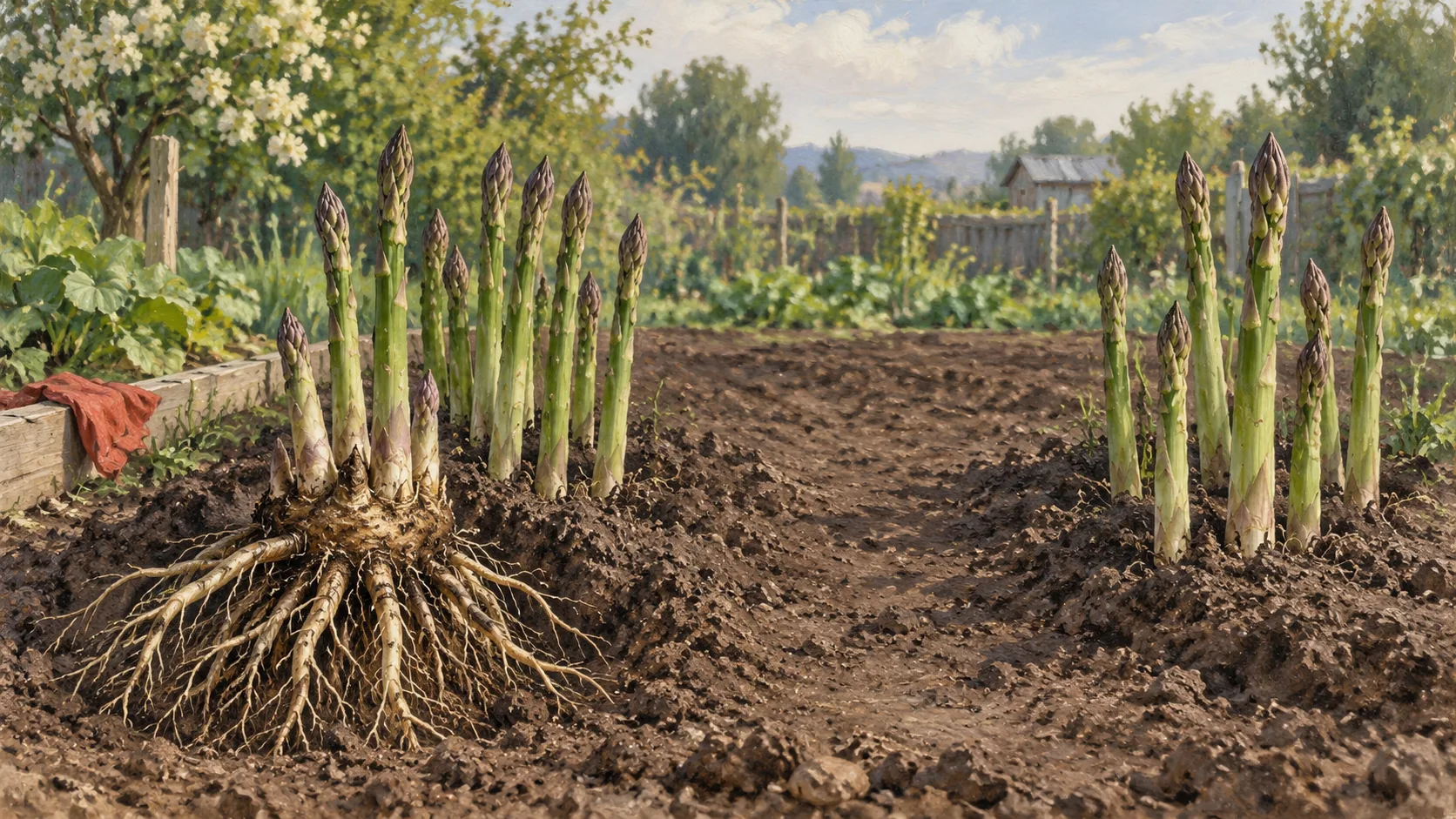 Asparagus shoots growing in close groups separated by a broad patch of bare soil