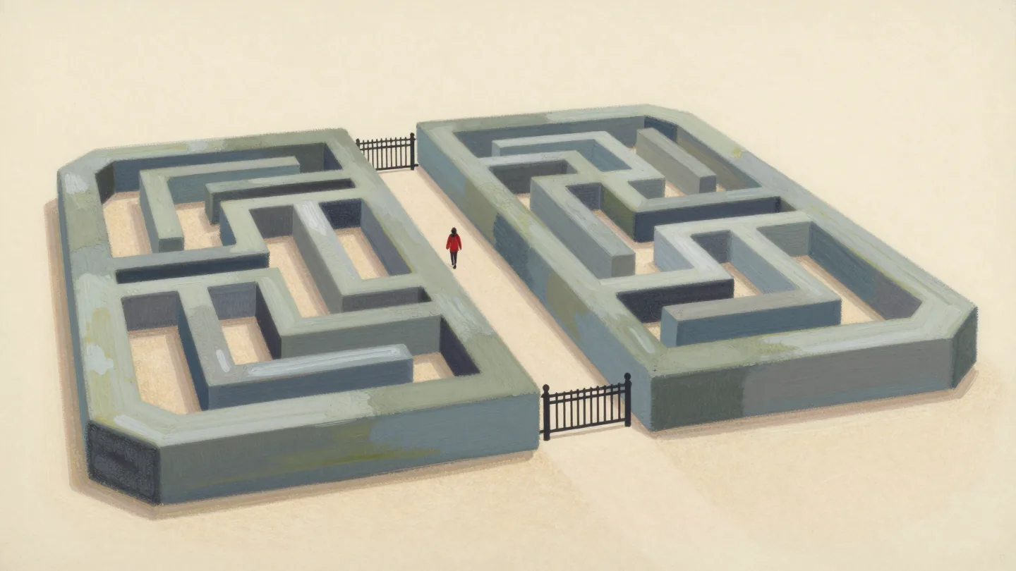 A walker taking a short straight garden path to a cottage door beside an elaborate hedge maze
