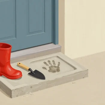 A child's handprint set hard in a concrete square by a back door, a garden trowel lying useless beside it.
