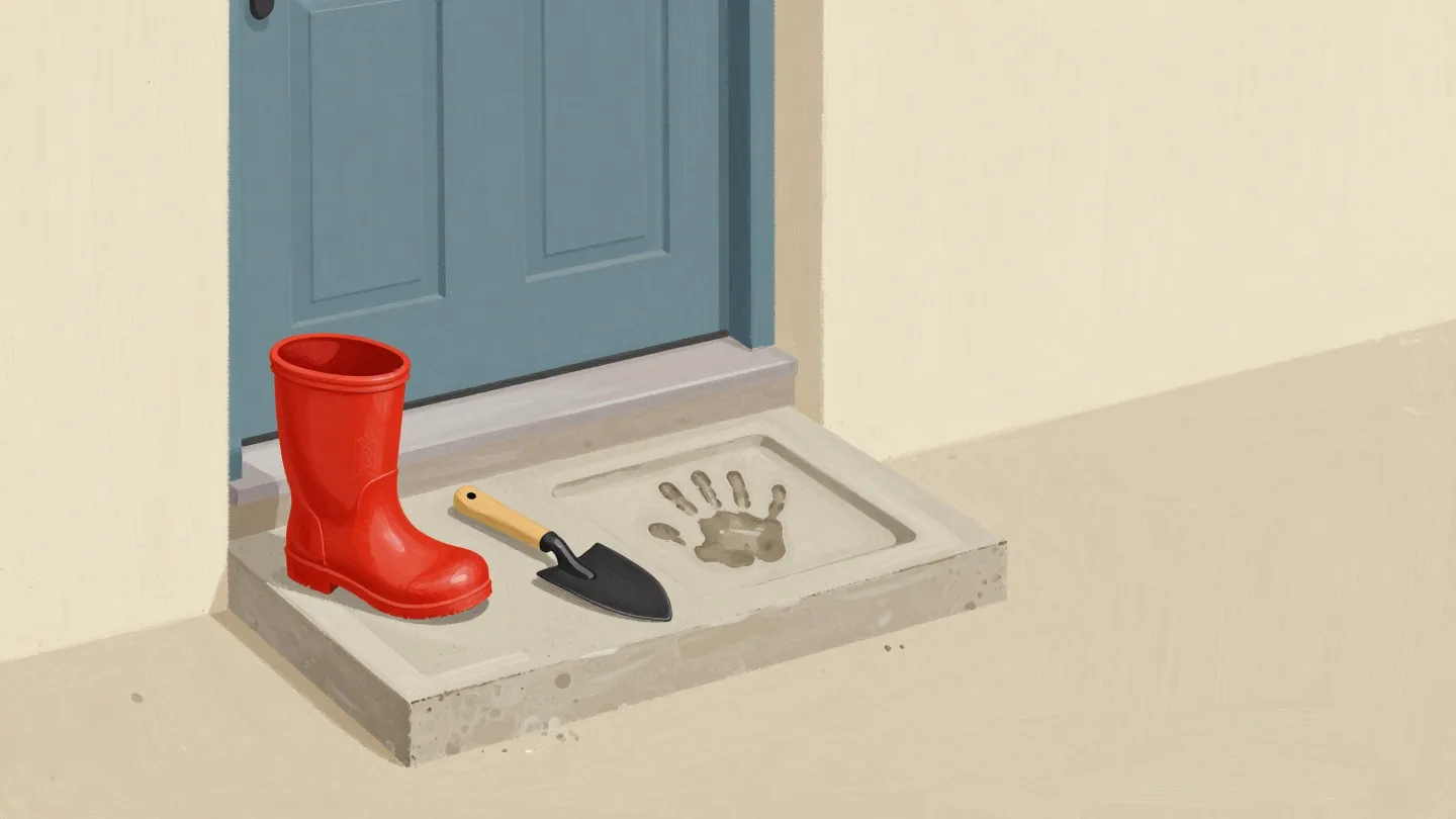 A child's handprint set hard in a concrete square by a back door, a garden trowel lying useless beside it.