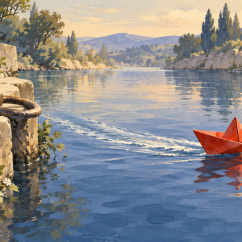 A small boat leaves a visible wake beyond its old mooring