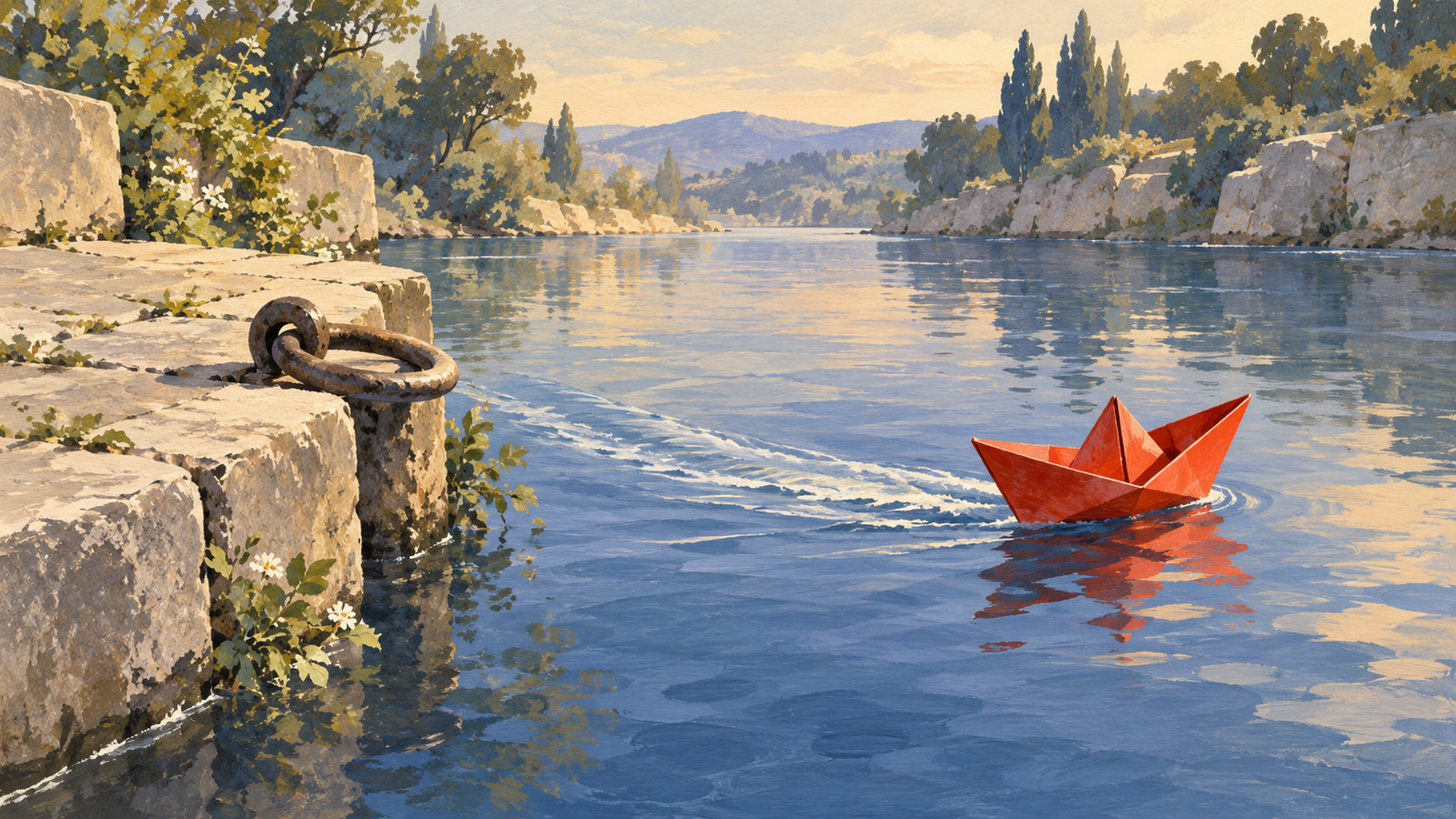 A small boat leaves a visible wake beyond its old mooring