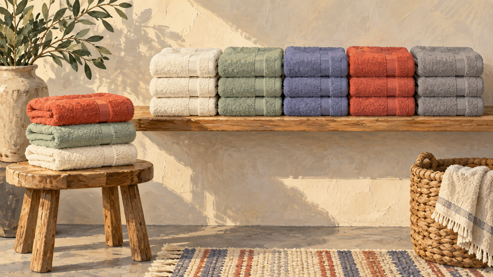 The first group of towels is set aside while the remaining sequence stays on its shelf