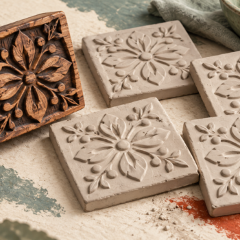 A carved template produces the same pattern on several new clay tiles