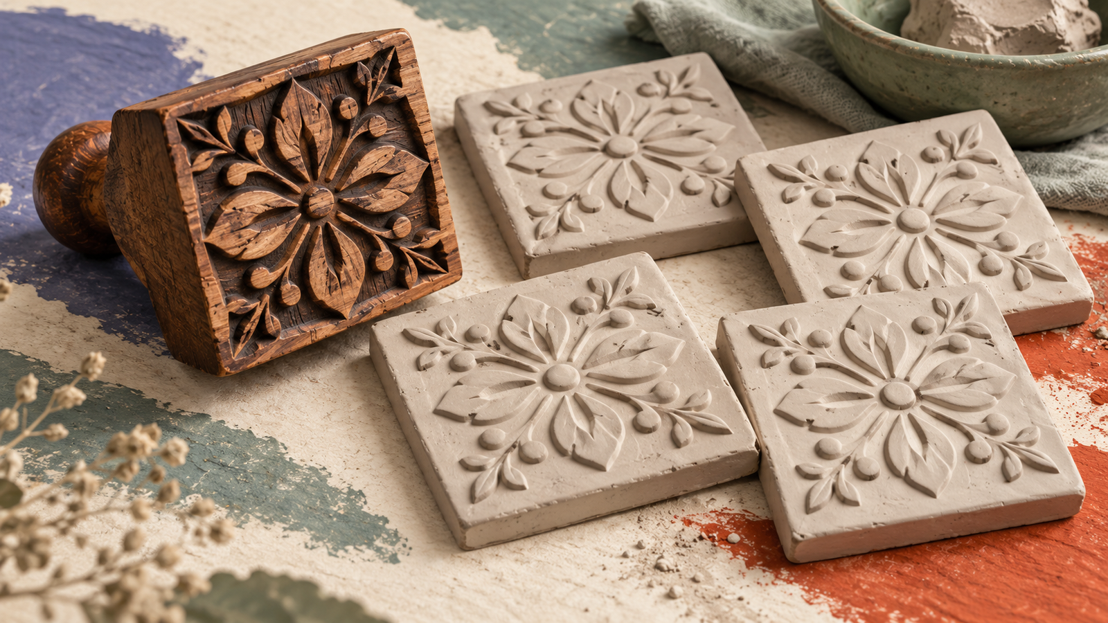 A carved template produces the same pattern on several new clay tiles