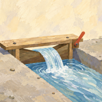 A small water gate controls which stream continues down a channel