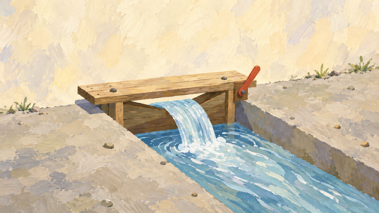 A small water gate controls which stream continues down a channel