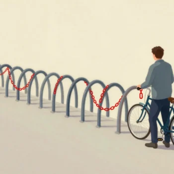 A bike rack with one long red chain looped through every slot while a cyclist waits with nowhere to park