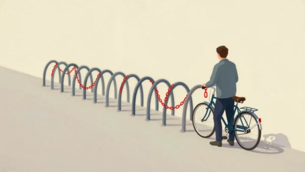 A bike rack with one long red chain looped through every slot while a cyclist waits with nowhere to park