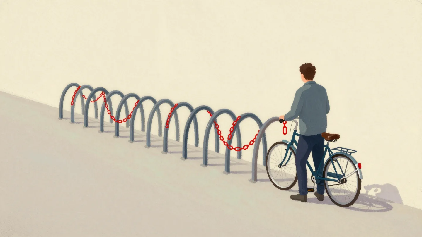 A bike rack with one long red chain looped through every slot while a cyclist waits with nowhere to park