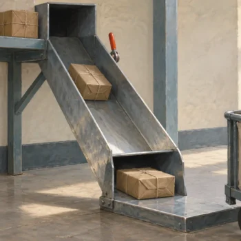Plain parcels waiting above a chute while one parcel rests at the outlet