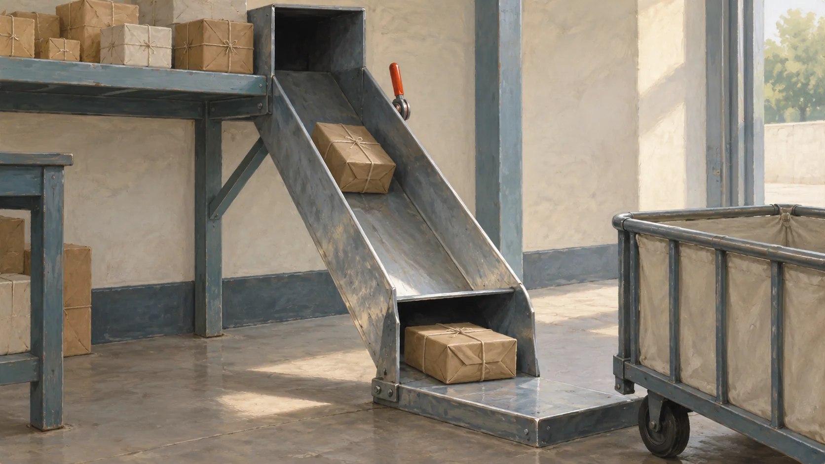Plain parcels waiting above a chute while one parcel rests at the outlet