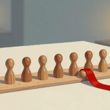 Gouache painting: a row of different shaped wooden pegs and a board with matching holes, one peg that does not fit lying beside the board marked with a vermilion ribbon