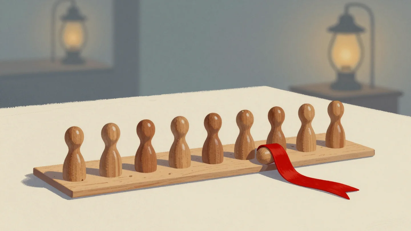 Gouache painting: a row of different shaped wooden pegs and a board with matching holes, one peg that does not fit lying beside the board marked with a vermilion ribbon