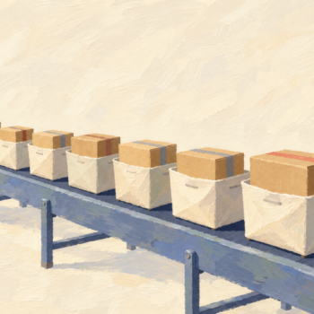 An already ordered line of containers travels along a conveyor