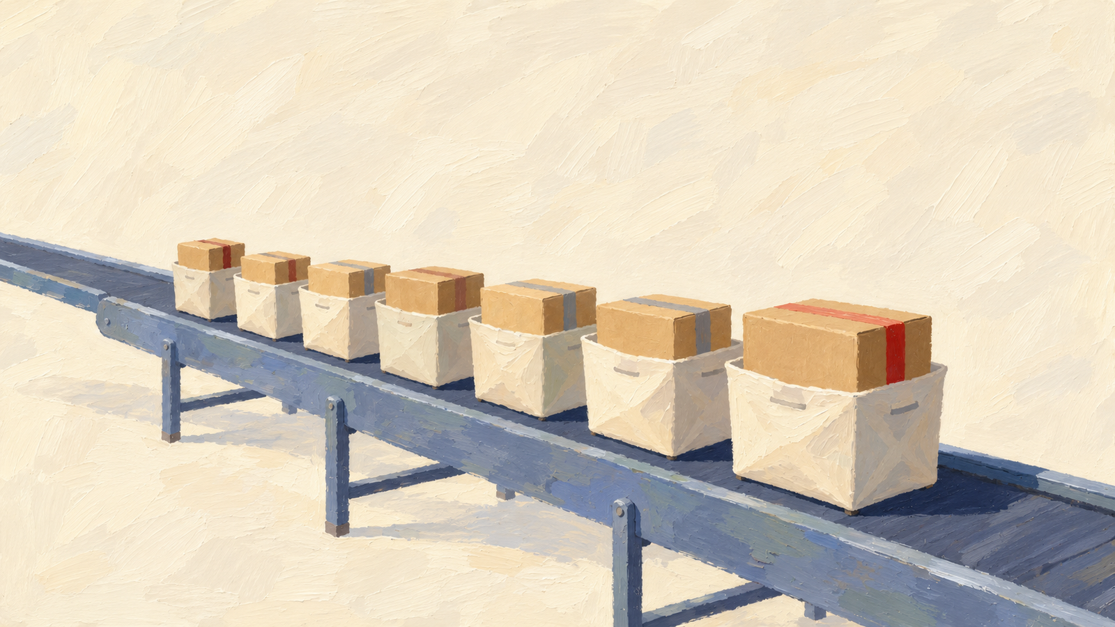An already ordered line of containers travels along a conveyor