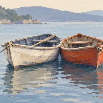 Two neighboring boats are held in position by separate ropes