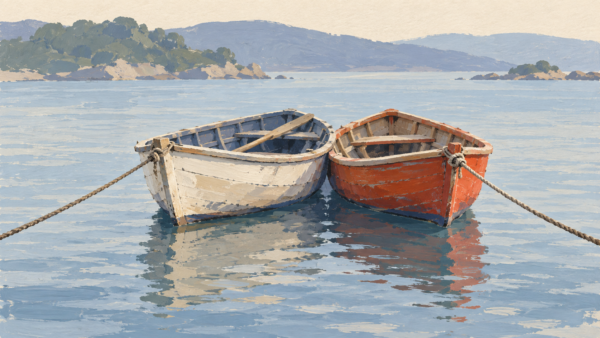 Two neighboring boats are held in position by separate ropes