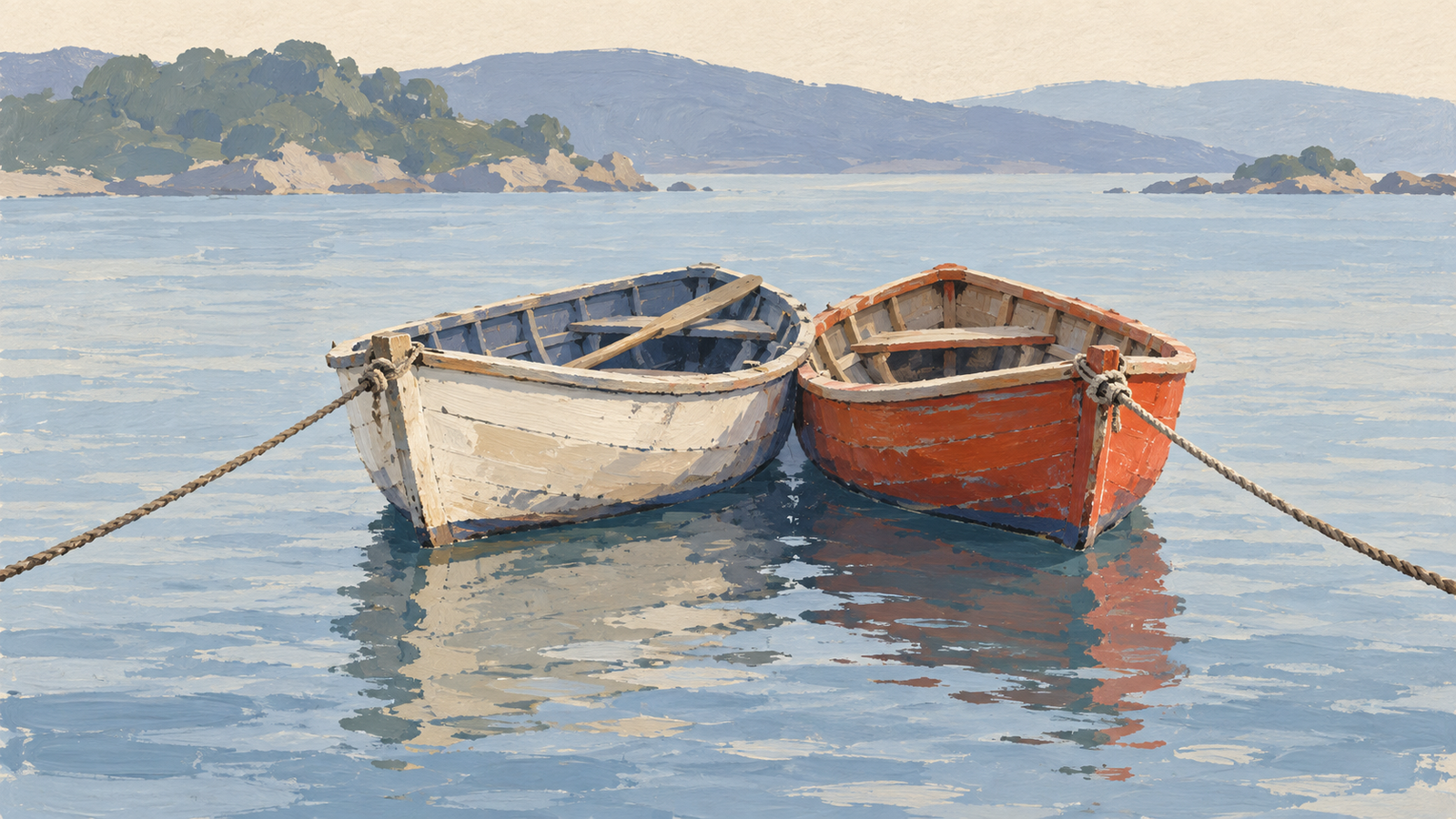 Two neighboring boats are held in position by separate ropes
