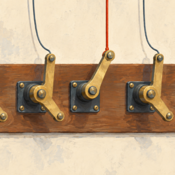 One brass mechanism pulls a red wire that activates its neighboring mechanisms