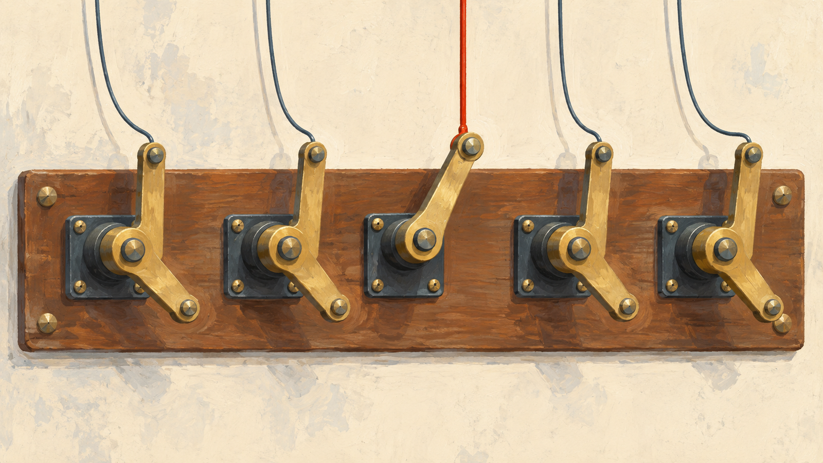 One brass mechanism pulls a red wire that activates its neighboring mechanisms