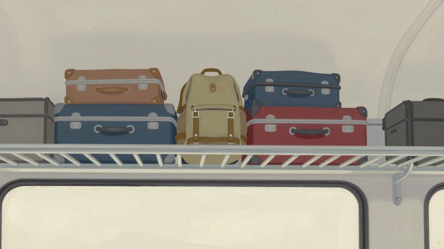 Temporary luggage rests in designated storage spaces on a shelf