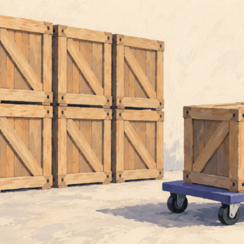 One wooden crate is being collected from an orderly stack on a small trolley