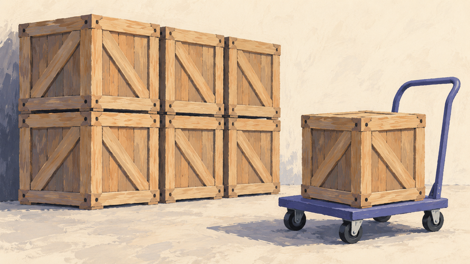 One wooden crate is being collected from an orderly stack on a small trolley