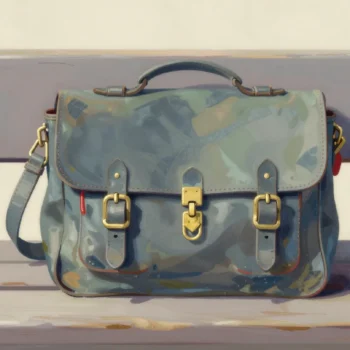 A leather satchel on a station bench, its strap buckled tight but its brass clasp hanging open