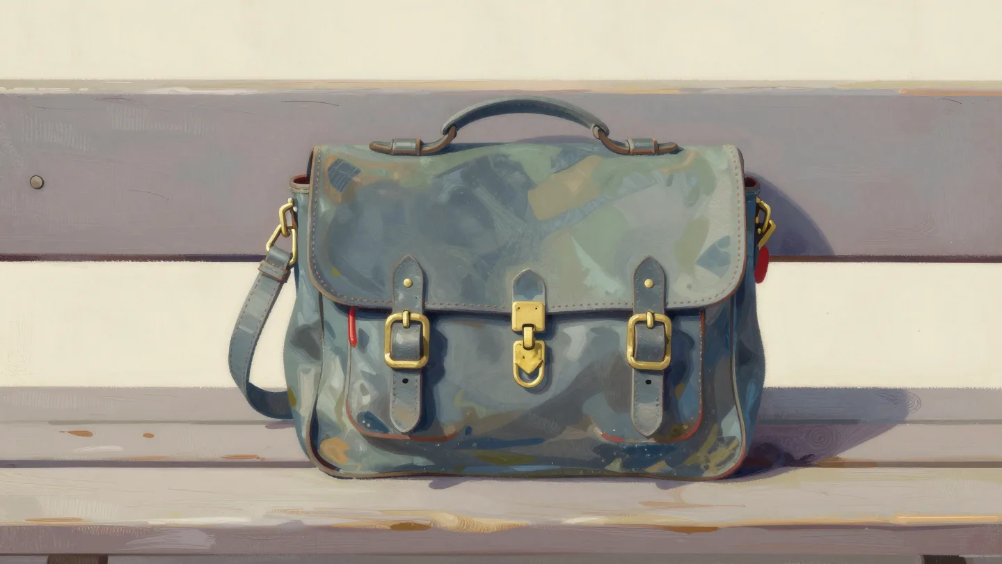 A leather satchel on a station bench, its strap buckled tight but its brass clasp hanging open
