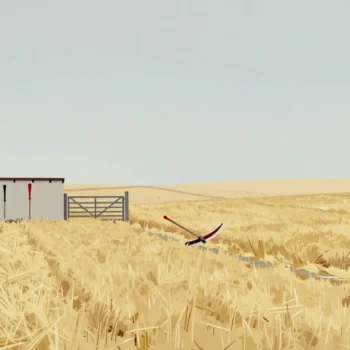 One scythe in a mostly uncut hayfield while three more scythes hang idle on the barn wall.