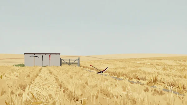 One scythe in a mostly uncut hayfield while three more scythes hang idle on the barn wall.