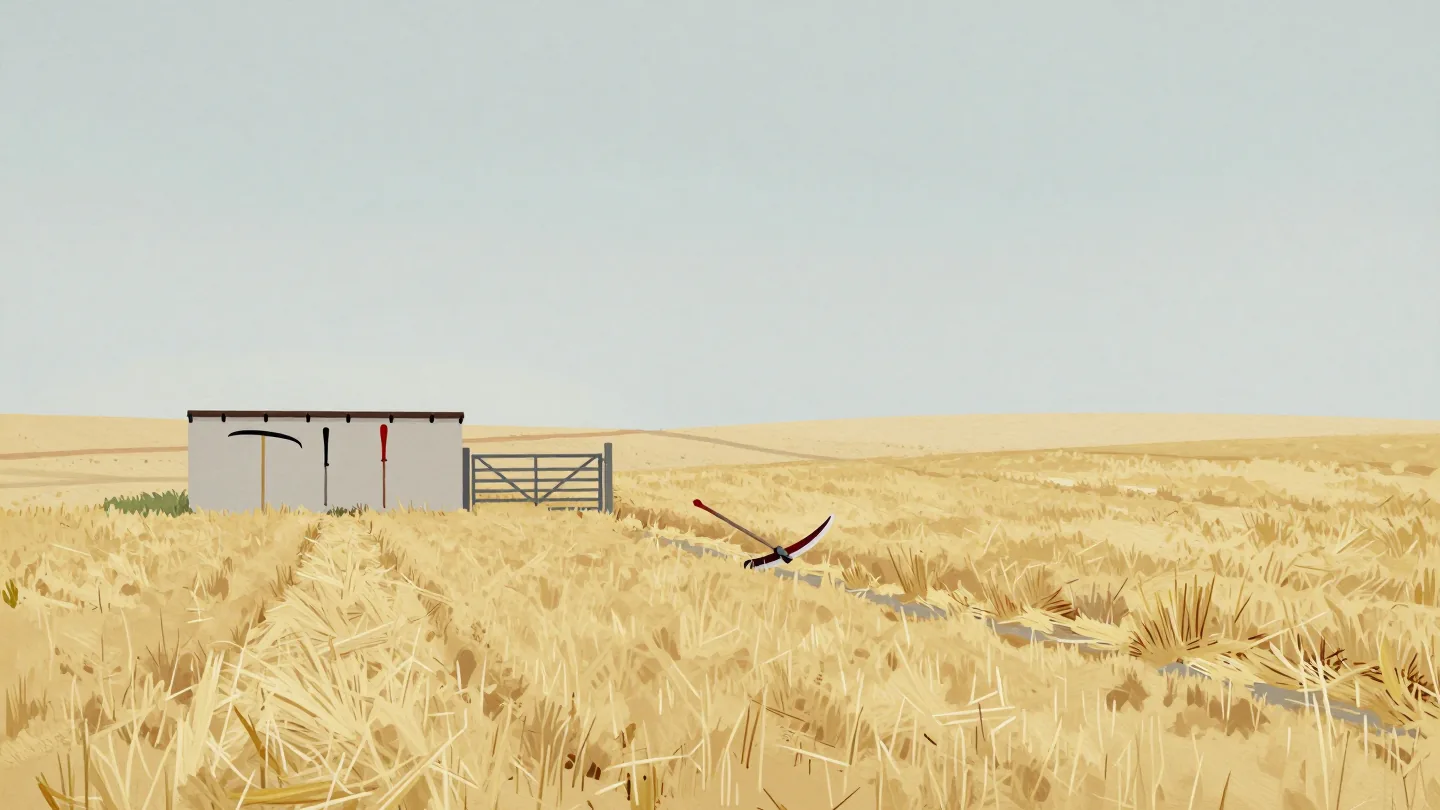 One scythe in a mostly uncut hayfield while three more scythes hang idle on the barn wall.