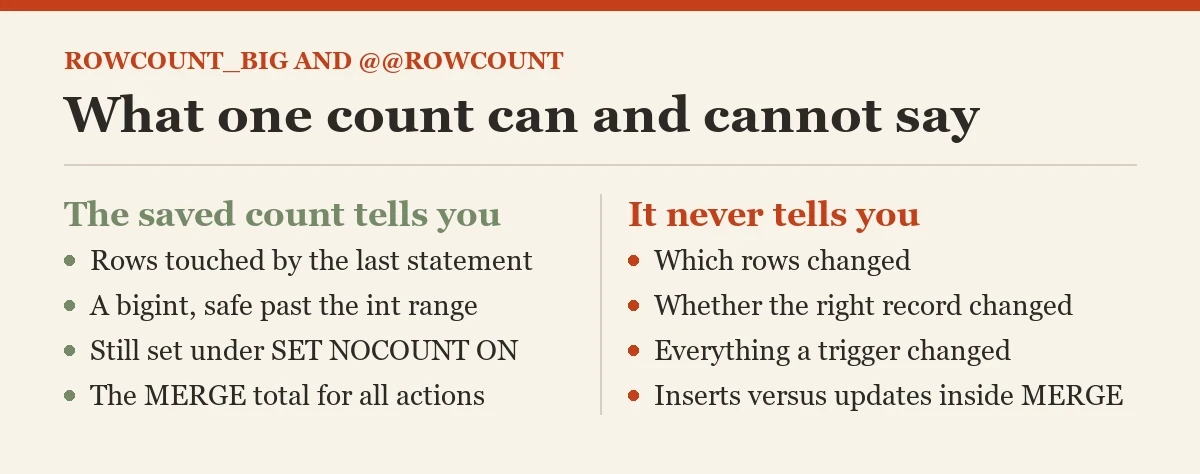 What one count can and cannot say: a checklist on the ROWCOUNT_BIG