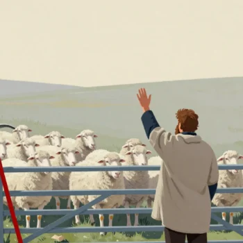A shepherd seen from behind counting sheep one by one through a half-open field gate, a red crook against the post.