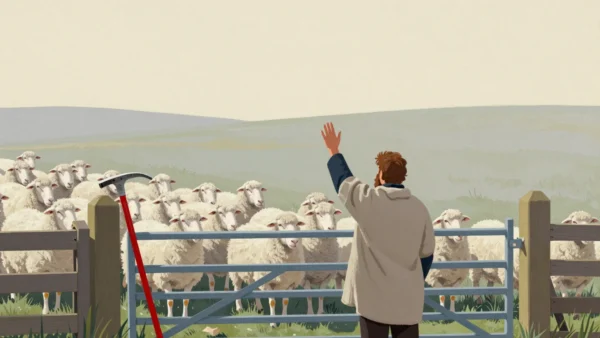 A shepherd seen from behind counting sheep one by one through a half-open field gate, a red crook against the post.