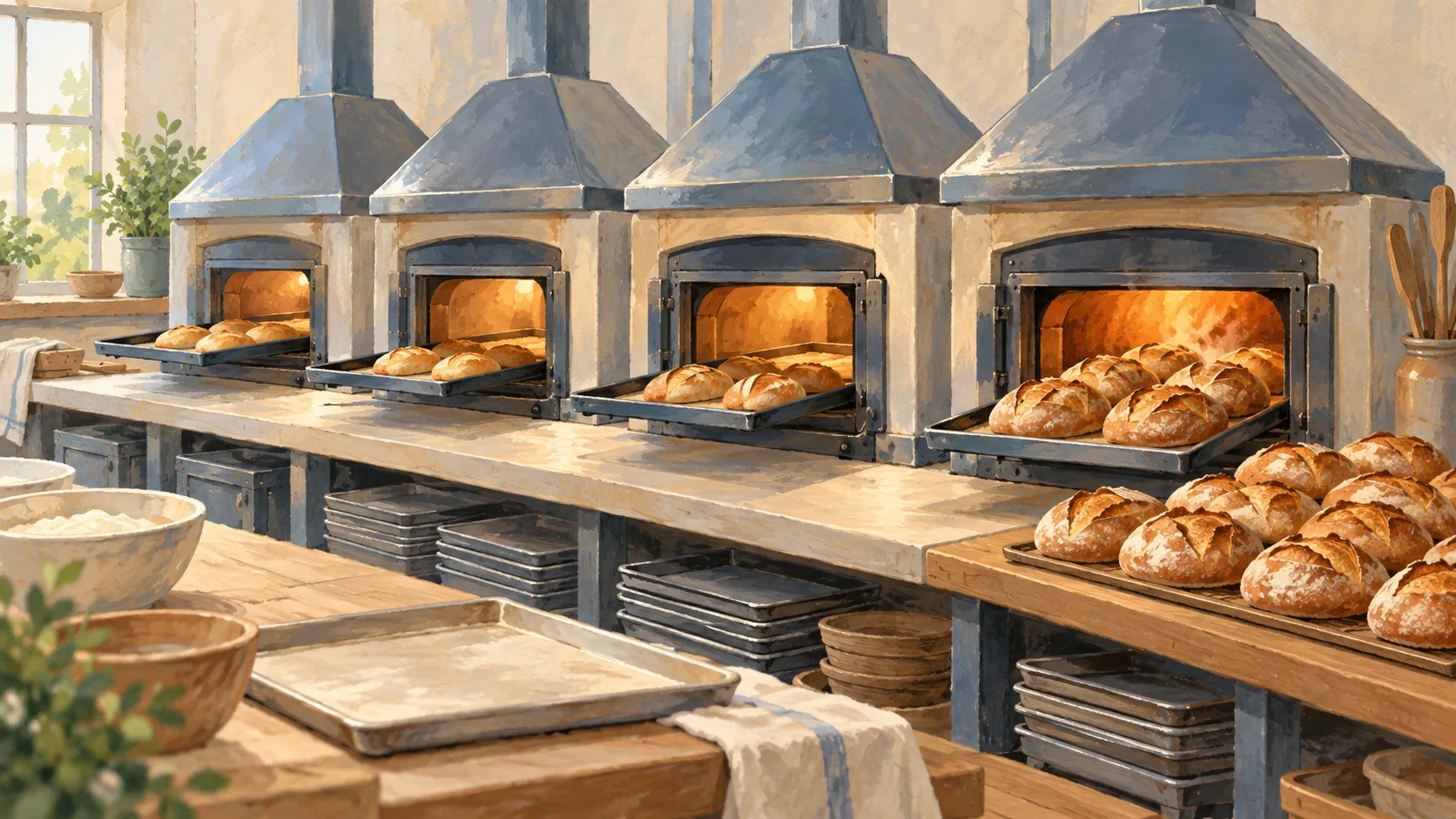 Several bakery ovens producing loaves at the same time