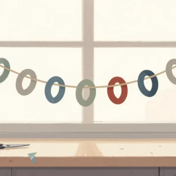 A colorful paper chain along a kitchen window with one gap in the loops, scissors on the sill