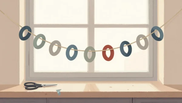 A colorful paper chain along a kitchen window with one gap in the loops, scissors on the sill