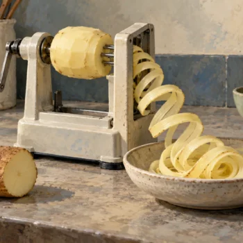 A potato spiralizer preserving a fine ribbon beside coarse whole potato pieces