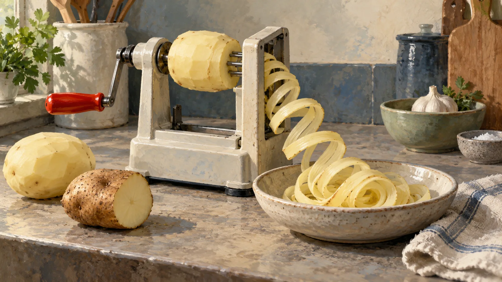 A potato spiralizer preserving a fine ribbon beside coarse whole potato pieces