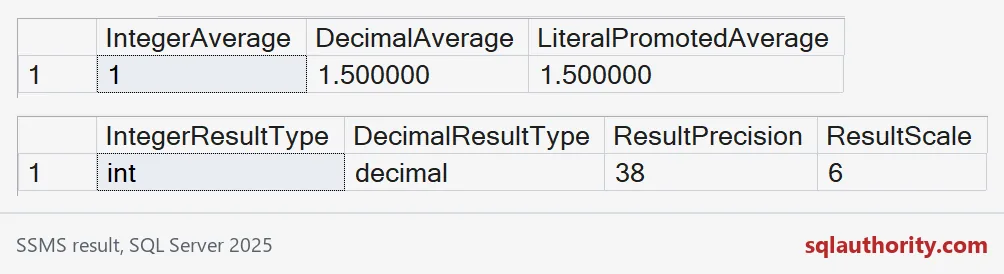 Result grids comparing integer and decimal averages and their return types