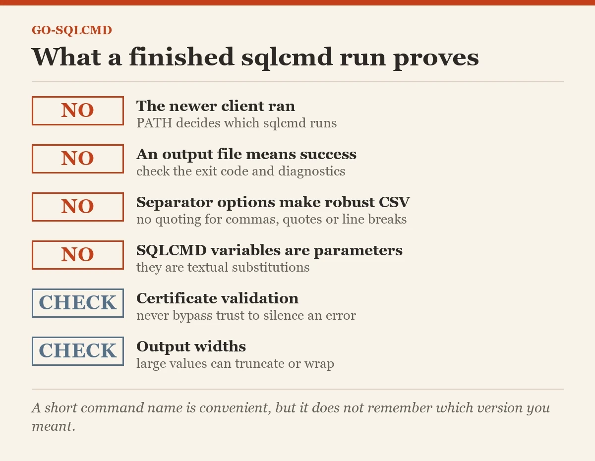 What a finished sqlcmd run proves: a checklist on the go-sqlcmd