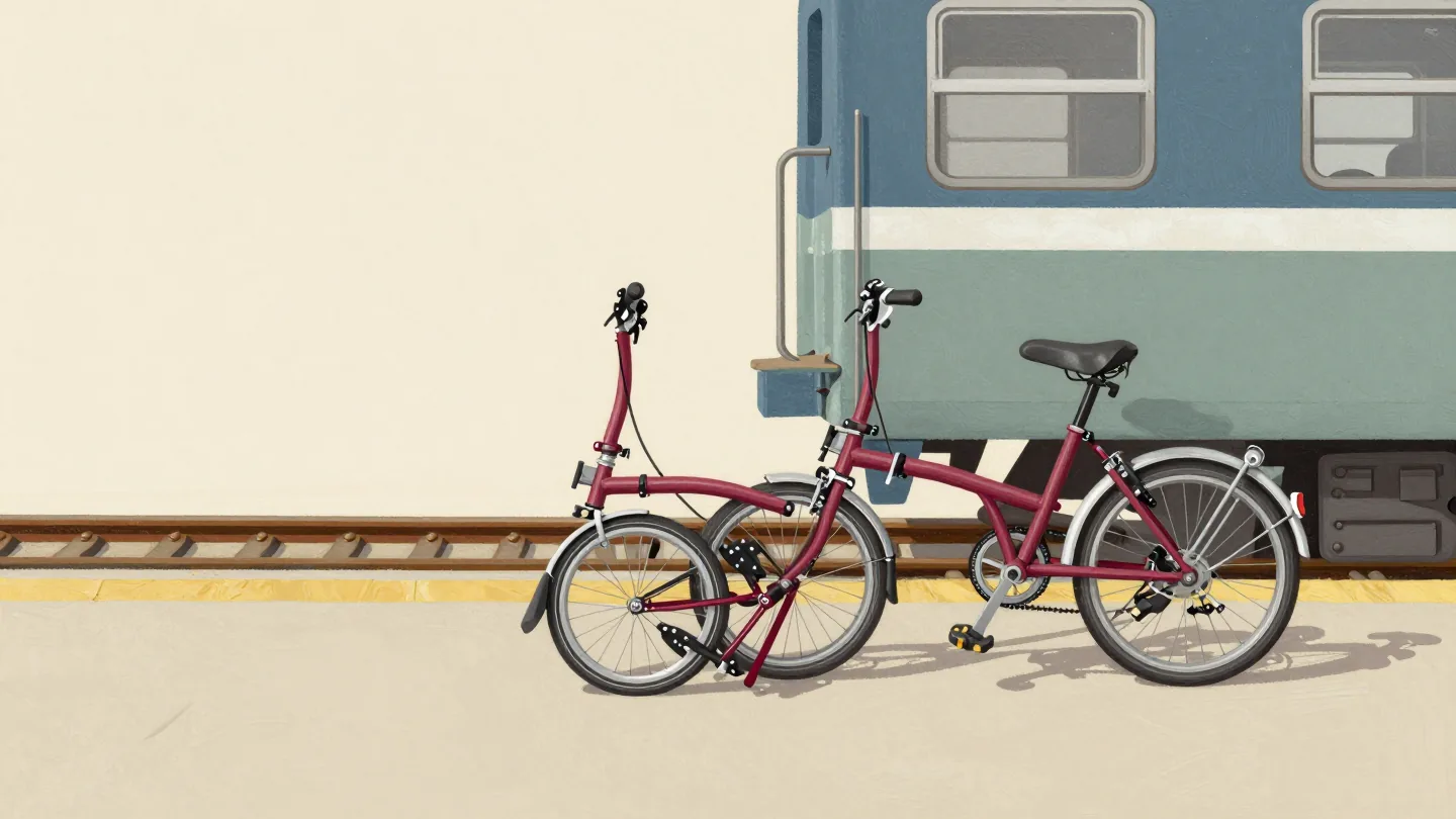 A small red folding bicycle being unfolded on a train platform beside a heavy old bicycle