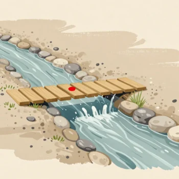 A narrow bridge directs the route across a small stream