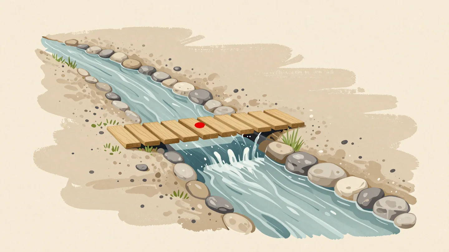 A narrow bridge directs the route across a small stream