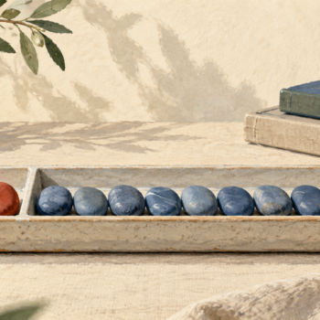The beginning of an ordered line of pebbles occupies a separate tray compartment
