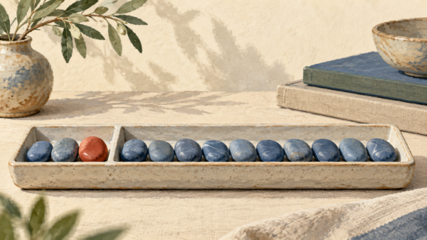 The beginning of an ordered line of pebbles occupies a separate tray compartment
