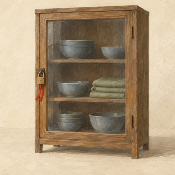 A cabinet's contents are visible through glass while a locked door prevents additions